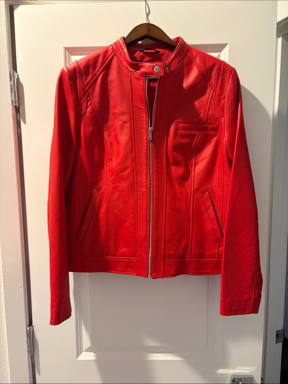 Cole Haan Red Leather Moto Jacket with Zip Front